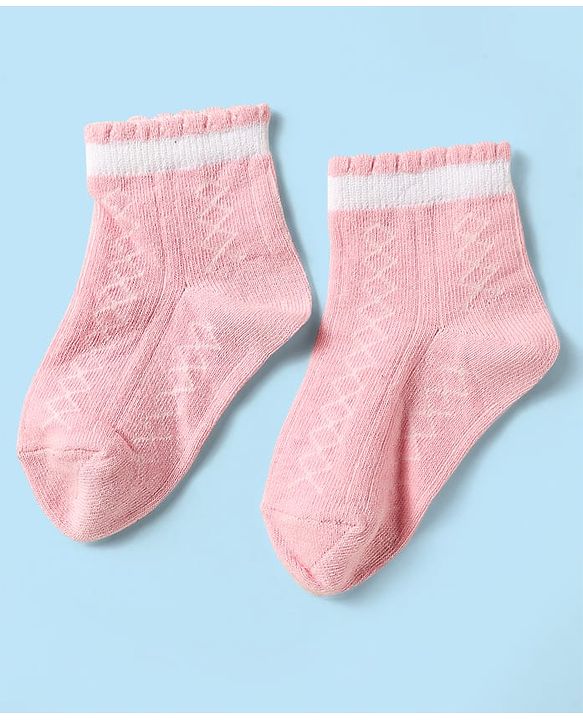 Cute Walk by Babyhug Knit Antibacterial Ankle Length Socks With Stripes & Floral Design Pack Of 3 - Pink Purple & White