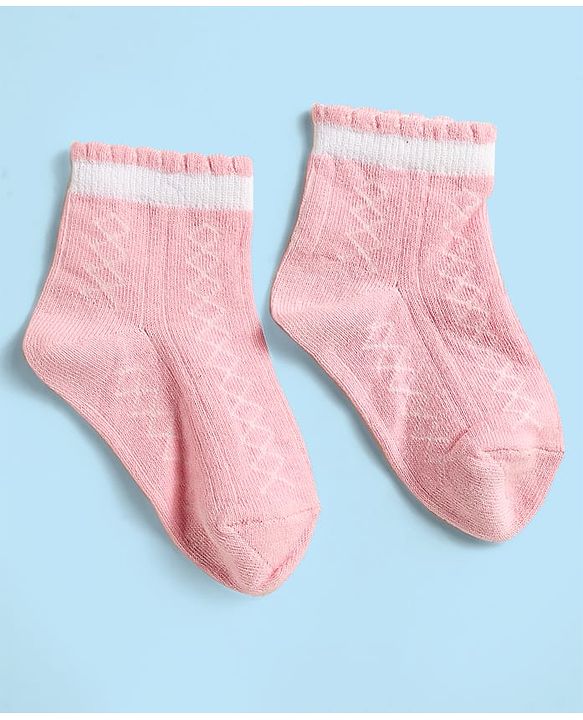 Cute Walk by Babyhug Knit Antibacterial Ankle Length Socks With Stripes & Floral Design Pack Of 3 - Pink Purple & White