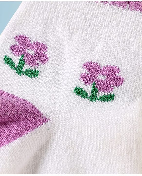 Cute Walk by Babyhug Knit Antibacterial Ankle Length Socks With Stripes & Floral Design Pack Of 3 - Pink Purple & White