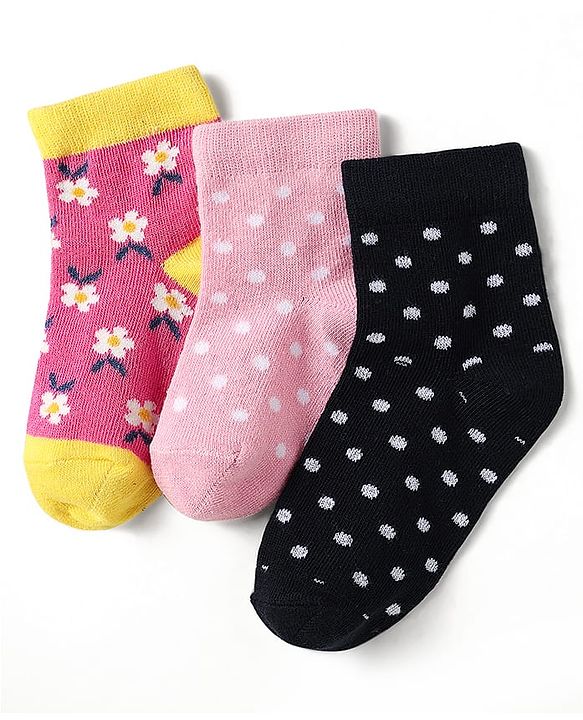 Cute Walk by Babyhug Knit Antibacterial Ankle Length Socks With Polka Dots & Floral Design Pack Of 3 - Pink & Black
