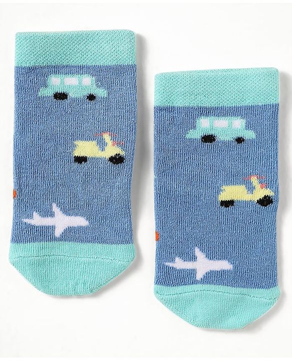 Cute Walk by Babyhug Knit Antibacterial Ankle Length Socks With Stripes & Vehicle Design Pack Of 3 - Light Blue Grey & Yellow
