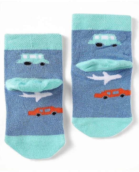 Cute Walk by Babyhug Knit Antibacterial Ankle Length Socks With Stripes & Vehicle Design Pack Of 3 - Light Blue Grey & Yellow
