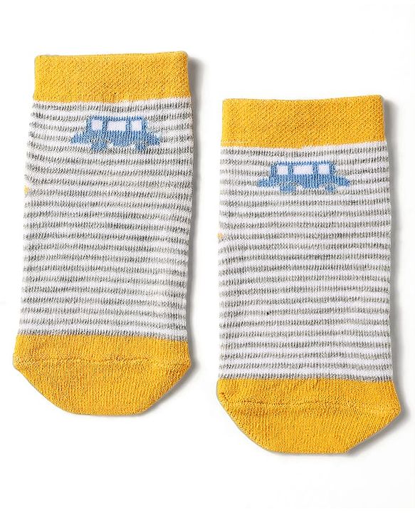 Cute Walk by Babyhug Knit Antibacterial Ankle Length Socks With Stripes & Vehicle Design Pack Of 3 - Light Blue Grey & Yellow