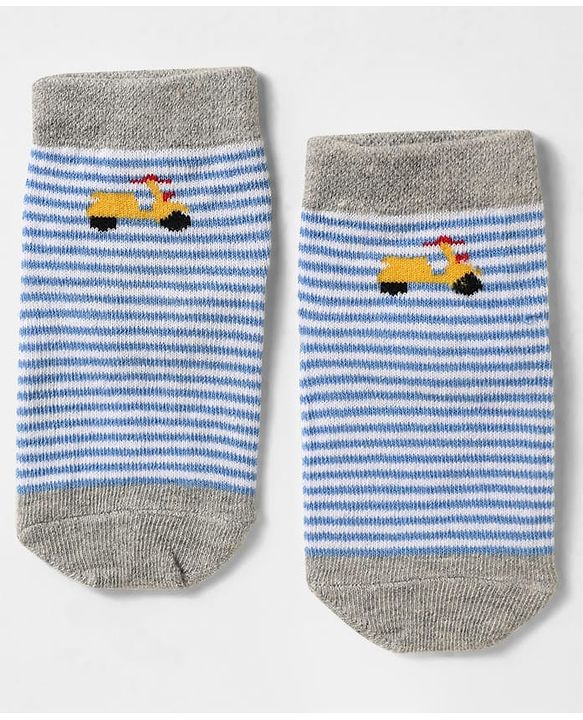 Cute Walk by Babyhug Knit Antibacterial Ankle Length Socks With Stripes & Vehicle Design Pack Of 3 - Light Blue Grey & Yellow