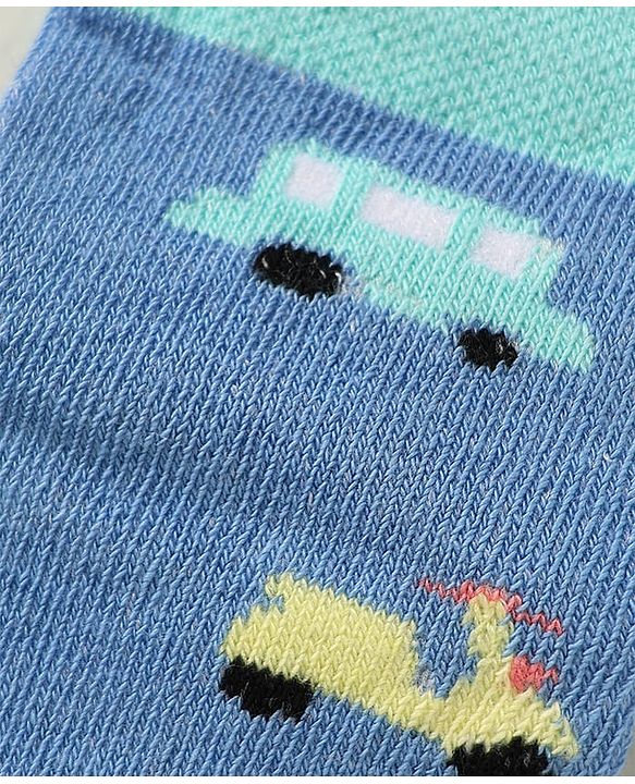 Cute Walk by Babyhug Knit Antibacterial Ankle Length Socks With Stripes & Vehicle Design Pack Of 3 - Light Blue Grey & Yellow
