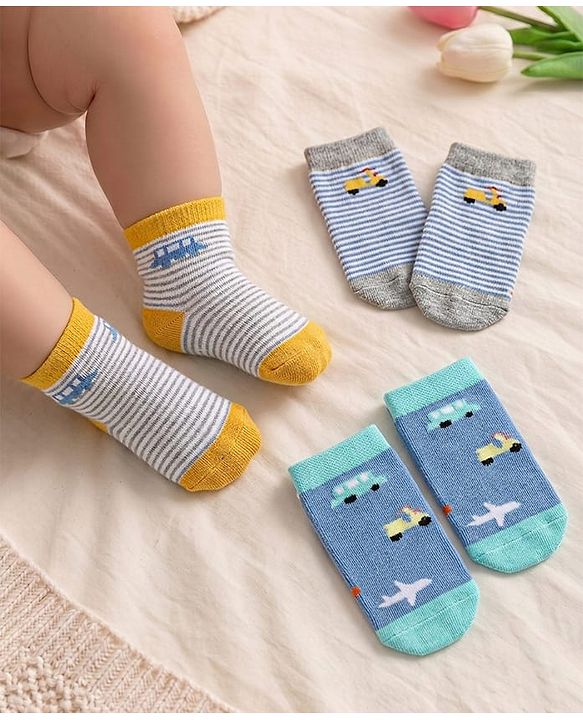 Cute Walk by Babyhug Knit Antibacterial Ankle Length Socks With Stripes & Vehicle Design Pack Of 3 - Light Blue Grey & Yellow