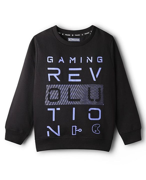 Pine Kids Cotton Knit Full Sleeves Text Printed Sweatshirt - Black