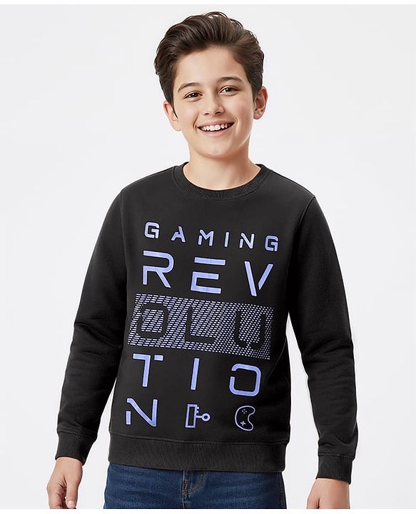 Pine Kids Cotton Knit Full Sleeves Text Printed Sweatshirt - Black