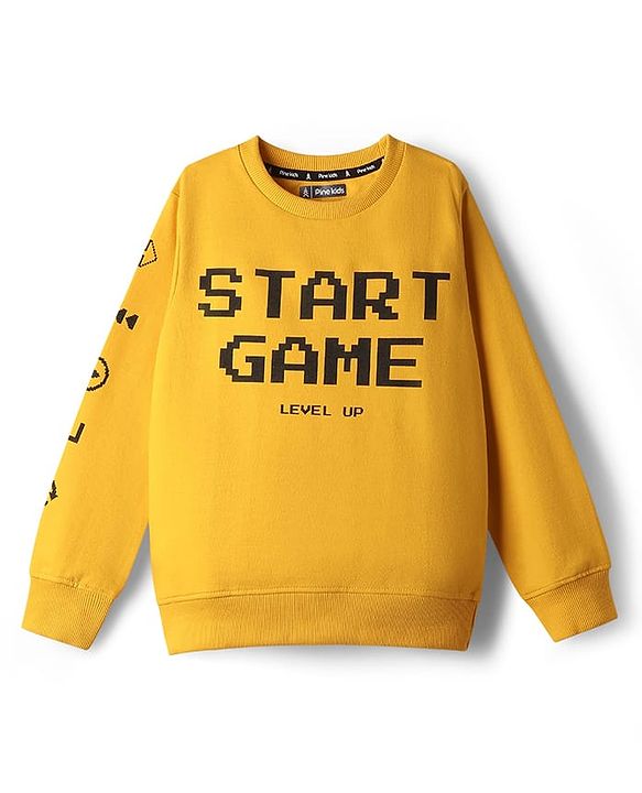Pine Kids Knit Full Sleeves Sweatshirt With Text Print - Gold