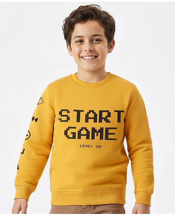 Pine Kids Knit Full Sleeves Sweatshirt With Text Print - Gold