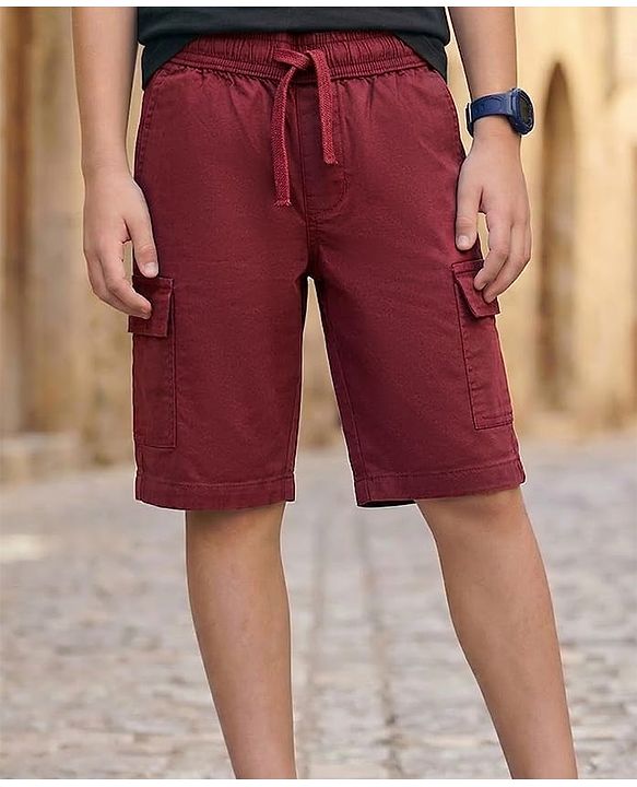 Pine Kids Cotton Elastane Woven Above Knee Length Solid Color Shorts - Red