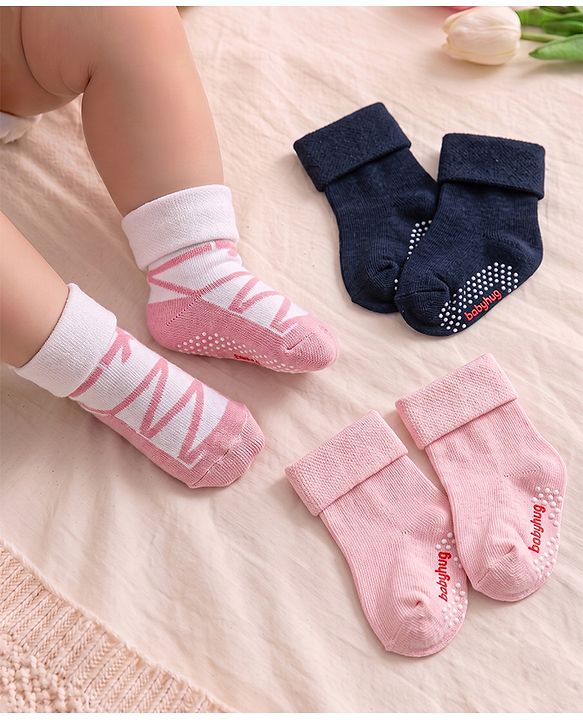 Cute Walk by Babyhug Knit Ankle Length Anti Bacterial Anti Skid Socks with Nautical Design Pack of 3 - Black Pink & White