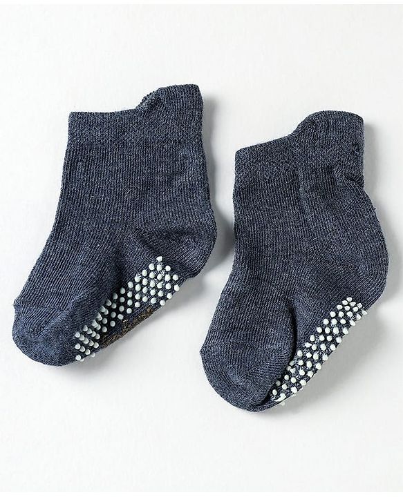 Cute Walk by Babyhug Knit Antibacterial Ankle Length Anti Skid Socks With Stripes Pack Of 3 - Black & Light Blue