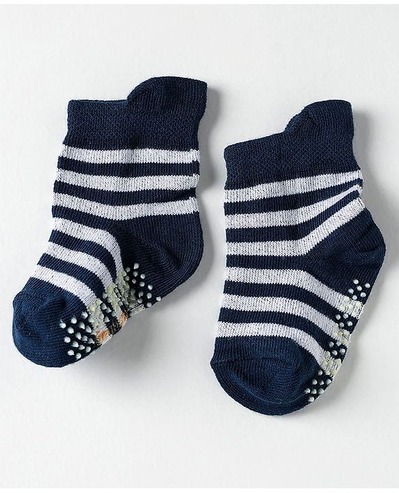 Cute Walk by Babyhug Knit Antibacterial Ankle Length Anti Skid Socks With Stripes Pack Of 3 - Black & Light Blue