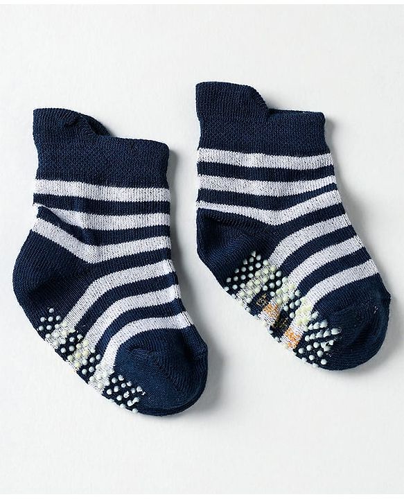 Cute Walk by Babyhug Knit Antibacterial Ankle Length Anti Skid Socks With Stripes Pack Of 3 - Black & Light Blue