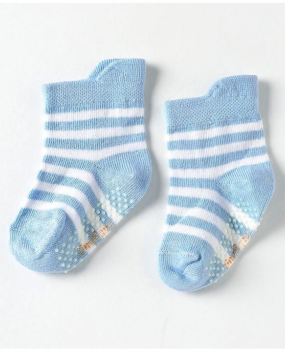 Cute Walk by Babyhug Knit Antibacterial Ankle Length Anti Skid Socks With Stripes Pack Of 3 - Black & Light Blue