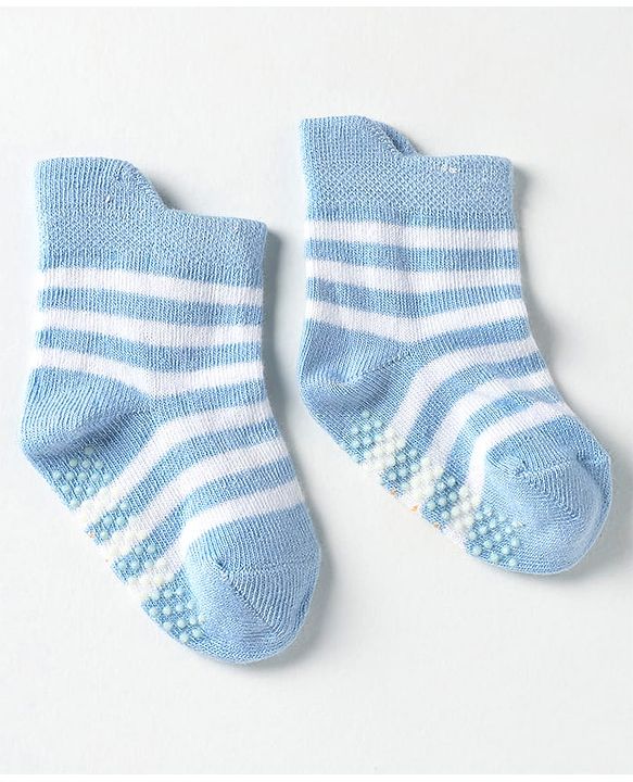 Cute Walk by Babyhug Knit Antibacterial Ankle Length Anti Skid Socks With Stripes Pack Of 3 - Black & Light Blue