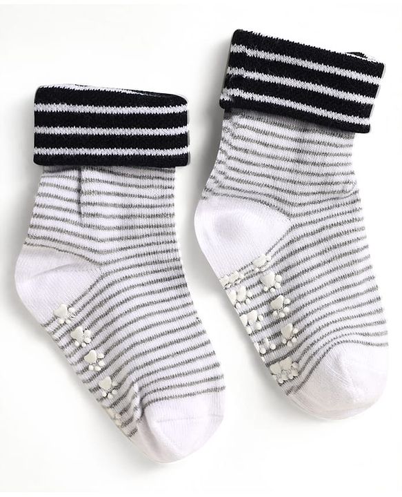 Cute Walk by Babyhug Knit Antibacterial Ankle Length Anti Skid Socks With Stripes Pack Of 3 - Black Light Blue & Grey