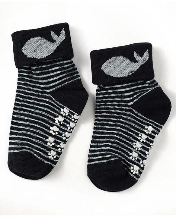 Cute Walk by Babyhug Knit Antibacterial Ankle Length Anti Skid Socks With Stripes Pack Of 3 - Black Light Blue & Grey