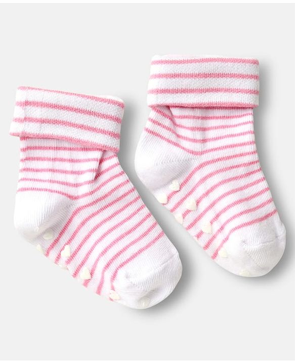 Cute Walk by Babyhug Ankle Length Anti Bacterial Anti Skid Socks with Stripes Pack of 3 - Pink & White