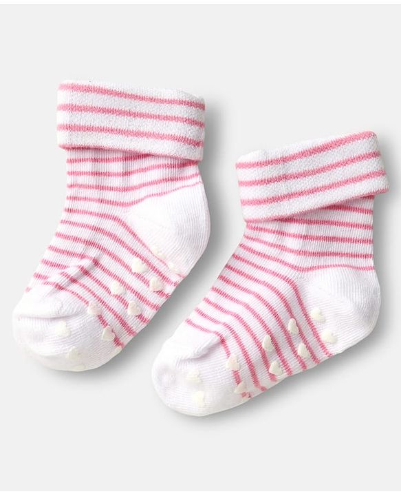 Cute Walk by Babyhug Ankle Length Anti Bacterial Anti Skid Socks with Stripes Pack of 3 - Pink & White
