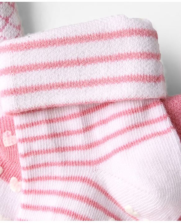 Cute Walk by Babyhug Ankle Length Anti Bacterial Anti Skid Socks with Stripes Pack of 3 - Pink & White