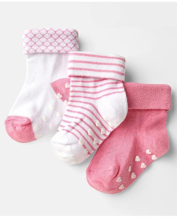 Cute Walk by Babyhug Ankle Length Anti Bacterial Anti Skid Socks with Stripes Pack of 3 - Pink & White