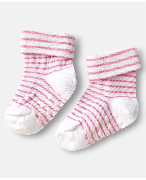 Cute Walk by Babyhug Ankle Length Anti Bacterial Anti Skid Socks with Stripes Pack of 3 - Pink & White