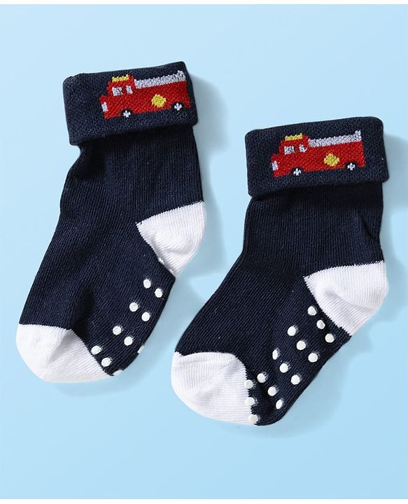 Cute Walk by Babyhug Knit Ankle Length Anti Bacterial Anti Skid Socks with Stripes & Vehicle Design Pack of 3 - Grey Dark Green & Black