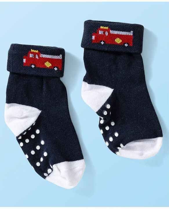 Cute Walk by Babyhug Knit Ankle Length Anti Bacterial Anti Skid Socks with Stripes & Vehicle Design Pack of 3 - Grey Dark Green & Black