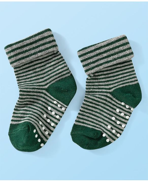 Cute Walk by Babyhug Knit Ankle Length Anti Bacterial Anti Skid Socks with Stripes & Vehicle Design Pack of 3 - Grey Dark Green & Black