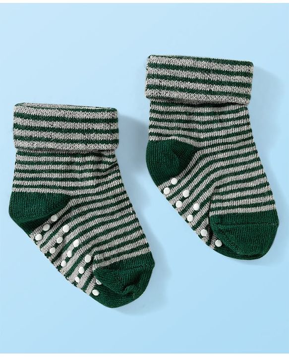 Cute Walk by Babyhug Knit Ankle Length Anti Bacterial Anti Skid Socks with Stripes & Vehicle Design Pack of 3 - Grey Dark Green & Black