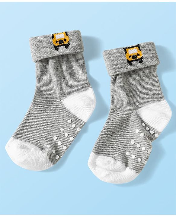 Cute Walk by Babyhug Knit Ankle Length Anti Bacterial Anti Skid Socks with Stripes & Vehicle Design Pack of 3 - Grey Dark Green & Black
