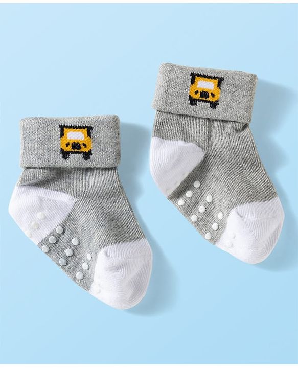 Cute Walk by Babyhug Knit Ankle Length Anti Bacterial Anti Skid Socks with Stripes & Vehicle Design Pack of 3 - Grey Dark Green & Black
