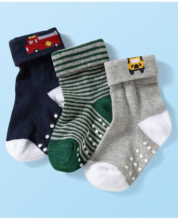 Cute Walk by Babyhug Knit Ankle Length Anti Bacterial Anti Skid Socks with Stripes & Vehicle Design Pack of 3 - Grey Dark Green & Black