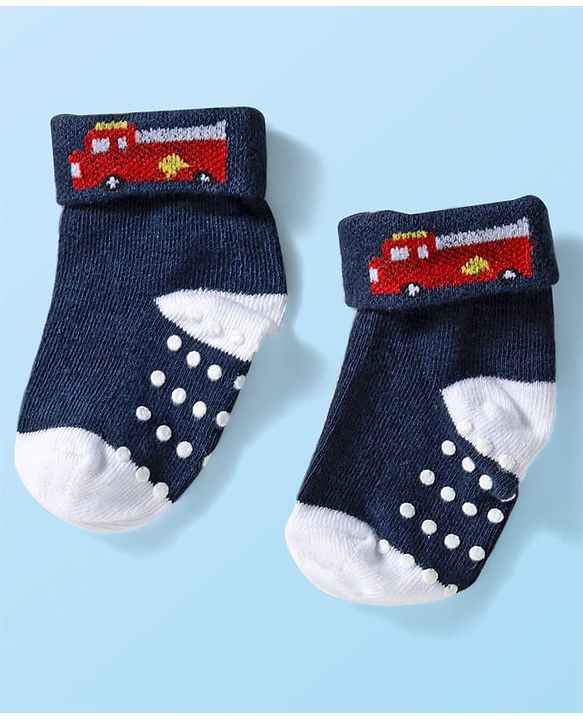 Cute Walk by Babyhug Knit Ankle Length Anti Bacterial Anti Skid Socks with Stripes & Vehicle Design Pack of 3 - Grey Dark Green & Black
