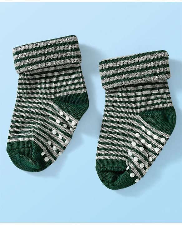 Cute Walk by Babyhug Knit Ankle Length Anti Bacterial Anti Skid Socks with Stripes & Vehicle Design Pack of 3 - Grey Dark Green & Black