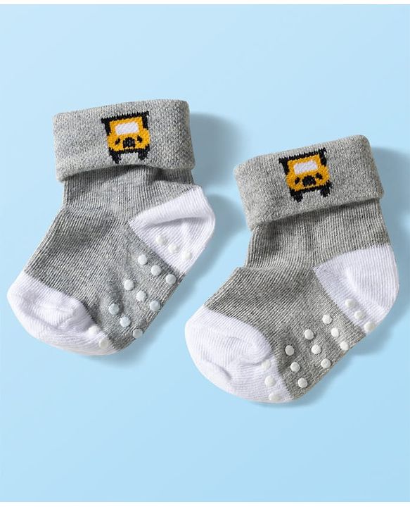 Cute Walk by Babyhug Knit Ankle Length Anti Bacterial Anti Skid Socks with Stripes & Vehicle Design Pack of 3 - Grey Dark Green & Black