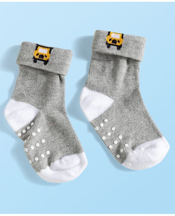 Cute Walk by Babyhug Knit Ankle Length Anti Bacterial Anti Skid Socks with Stripes & Vehicle Design Pack of 3 - Grey Dark Green & Black
