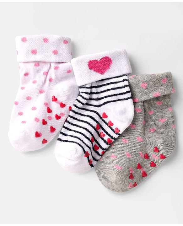Cute Walk by Babyhug Ankle Length Anti Bacterial Anti Skid Socks with Heart Deign & Stripes Pack of 3 - Grey & White