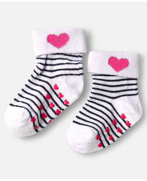 Cute Walk by Babyhug Ankle Length Anti Bacterial Anti Skid Socks with Heart Deign & Stripes Pack of 3 - Grey & White