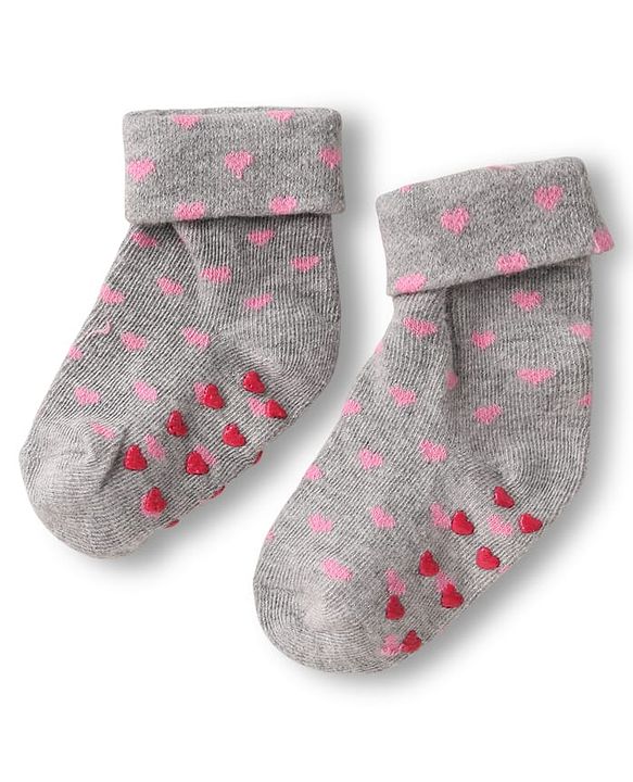 Cute Walk by Babyhug Ankle Length Anti Bacterial Anti Skid Socks with Heart Deign & Stripes Pack of 3 - Grey & White