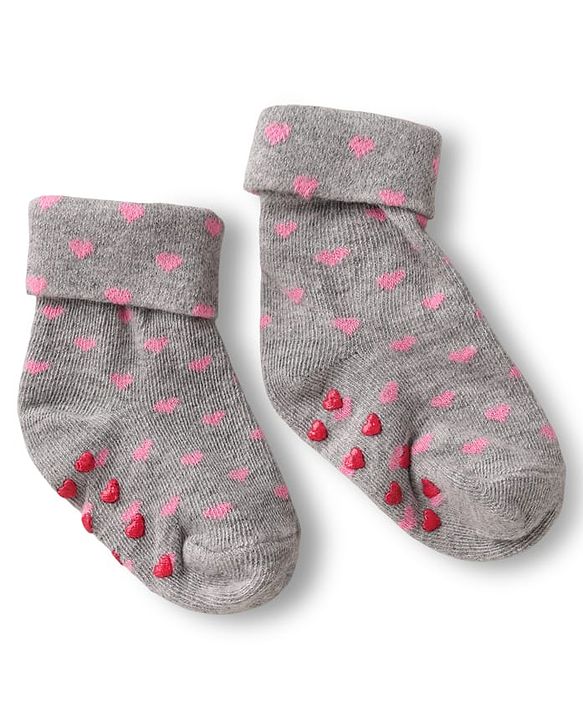 Cute Walk by Babyhug Ankle Length Anti Bacterial Anti Skid Socks with Heart Deign & Stripes Pack of 3 - Grey & White