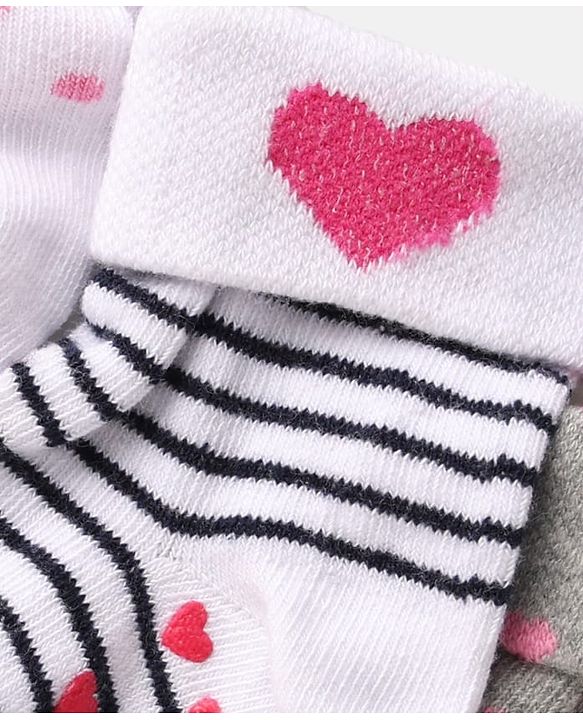 Cute Walk by Babyhug Ankle Length Anti Bacterial Anti Skid Socks with Heart Deign & Stripes Pack of 3 - Grey & White