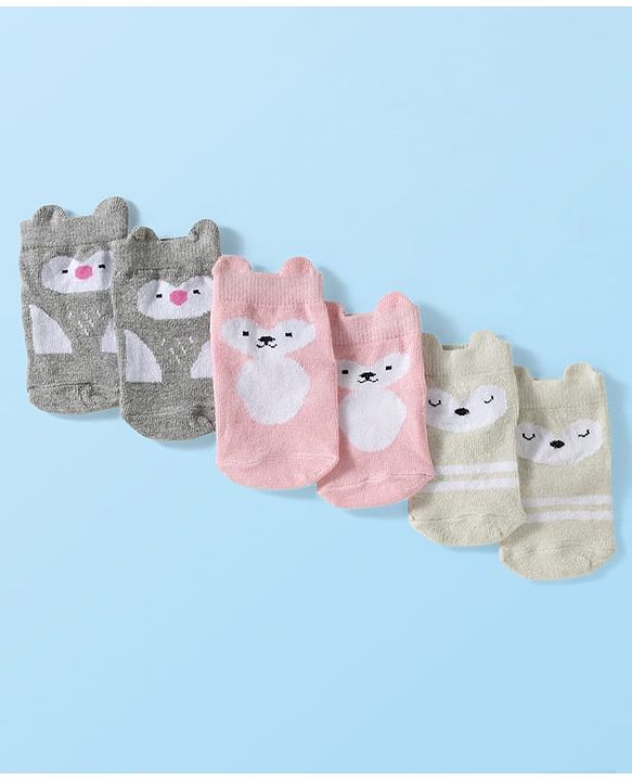 Cute Walk by Babyhug Knit Ankle Length Anti Bacterial Anti Skid Socks with Animal Design Pack of 3 - Grey Pink & Cream