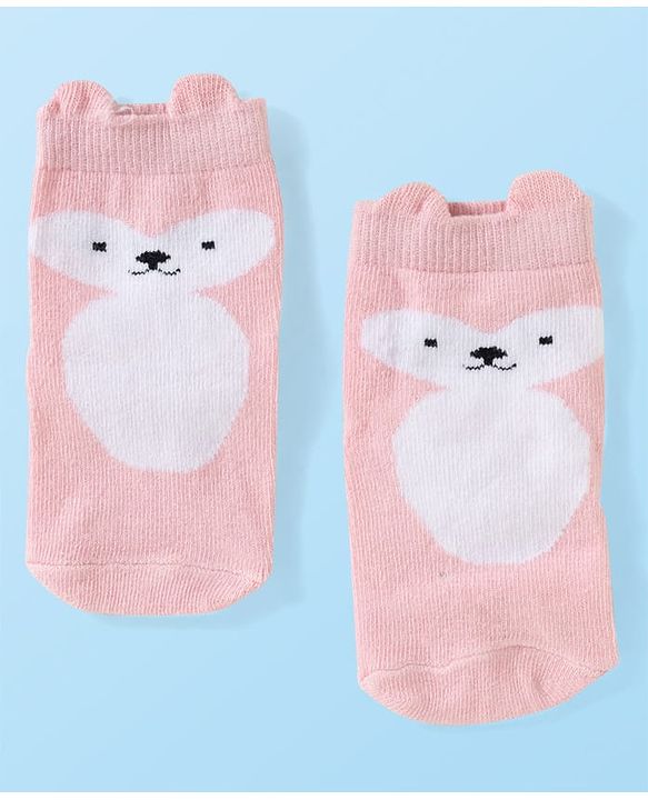 Cute Walk by Babyhug Knit Ankle Length Anti Bacterial Anti Skid Socks with Animal Design Pack of 3 - Grey Pink & Cream