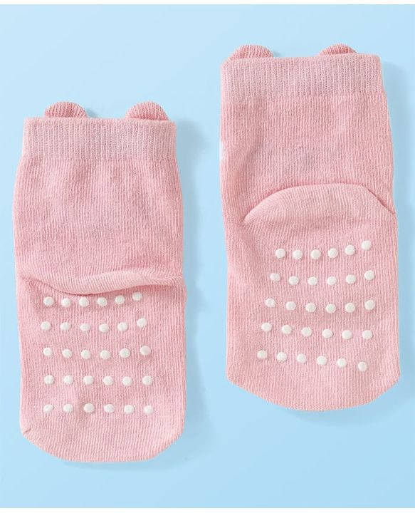 Cute Walk by Babyhug Knit Ankle Length Anti Bacterial Anti Skid Socks with Animal Design Pack of 3 - Grey Pink & Cream