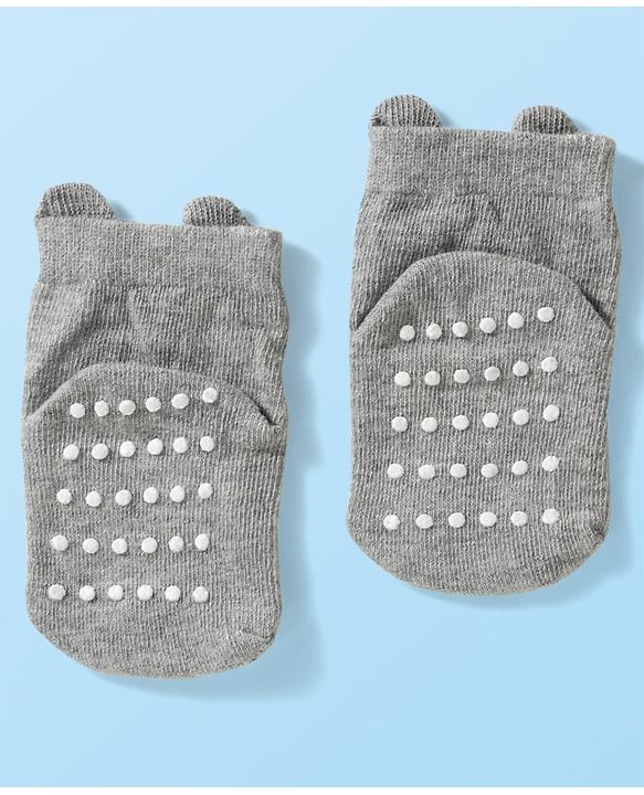 Cute Walk by Babyhug Knit Ankle Length Anti Bacterial Anti Skid Socks with Animal Design Pack of 3 - Grey Pink & Cream