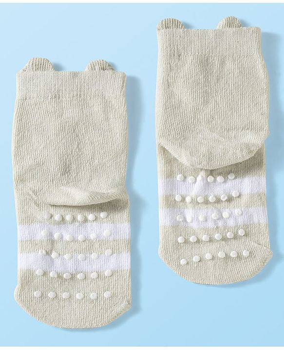 Cute Walk by Babyhug Knit Ankle Length Anti Bacterial Anti Skid Socks with Animal Design Pack of 3 - Grey Pink & Cream