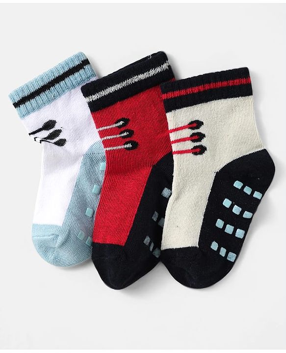 Cute Walk by Babyhug Knit Antibacterial Ankle Length Anti Skid Socks With Shoes Design Pack Of 3 - Red White & Cream